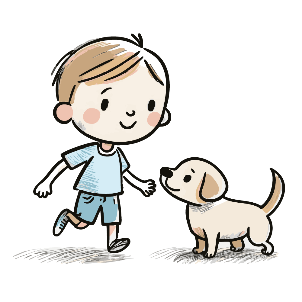 笑顔で犬と遊ぶ男の子のイラスト