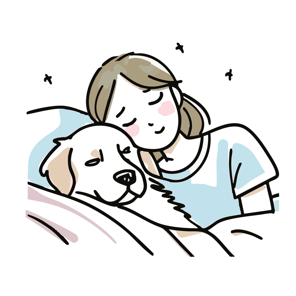 女性と犬が寄り添って眠っているイラスト