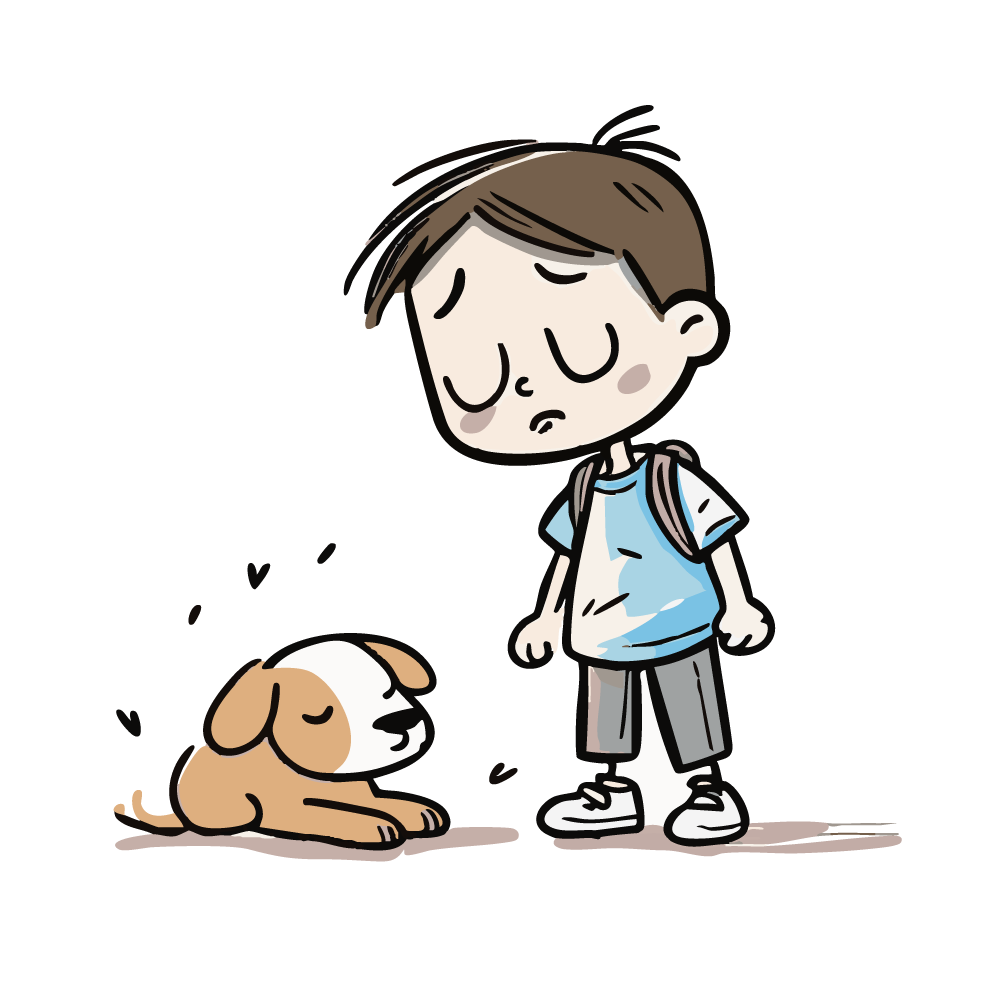 体調が悪そうな犬と心配そうに見る男の子のイラスト