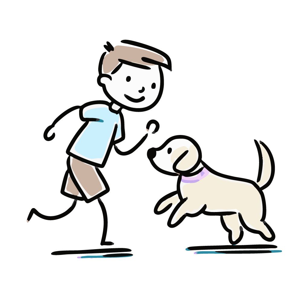 ボールを持って犬と遊ぶ男の子のイラスト