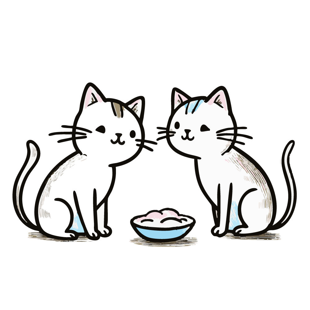 ご飯を前に向き合う2匹の猫のイラスト