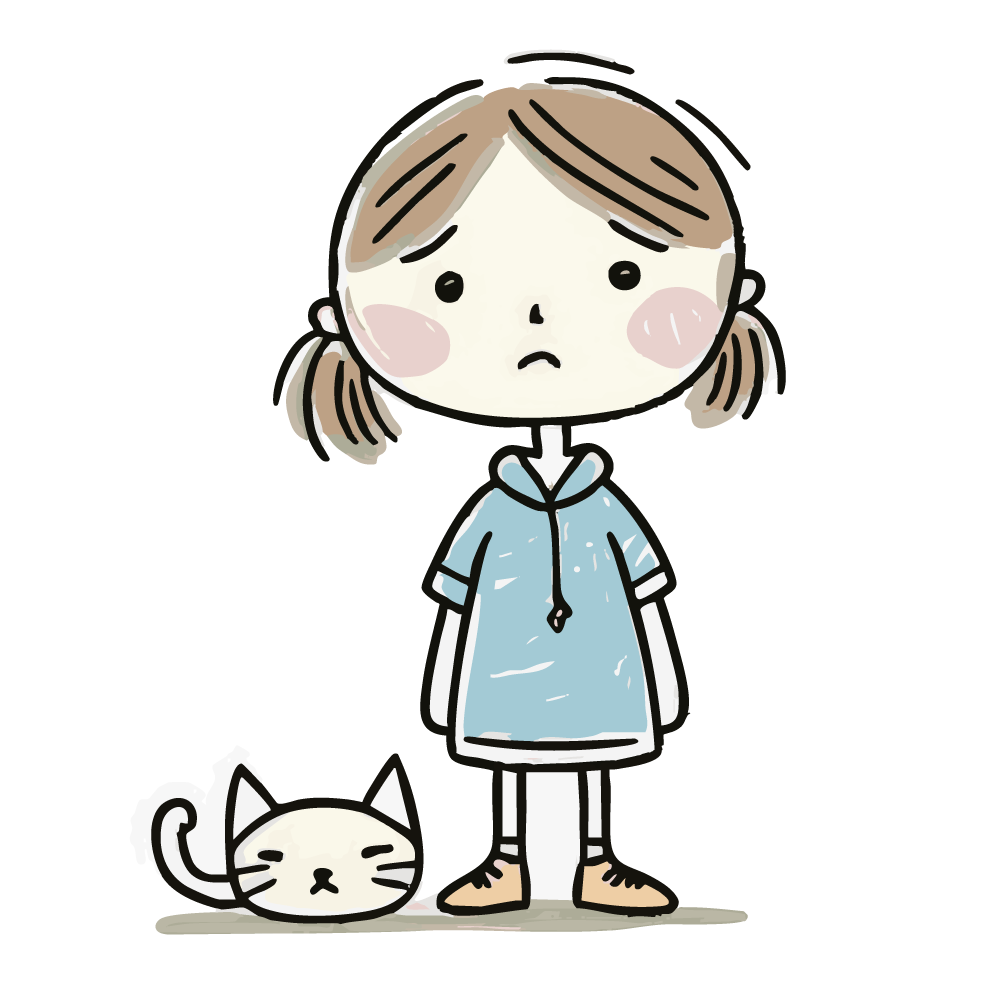 体調が悪そうな猫と心配そうに見る女の子のイラスト