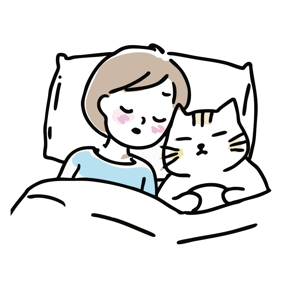 女性と猫が寄り添って眠っているイラスト