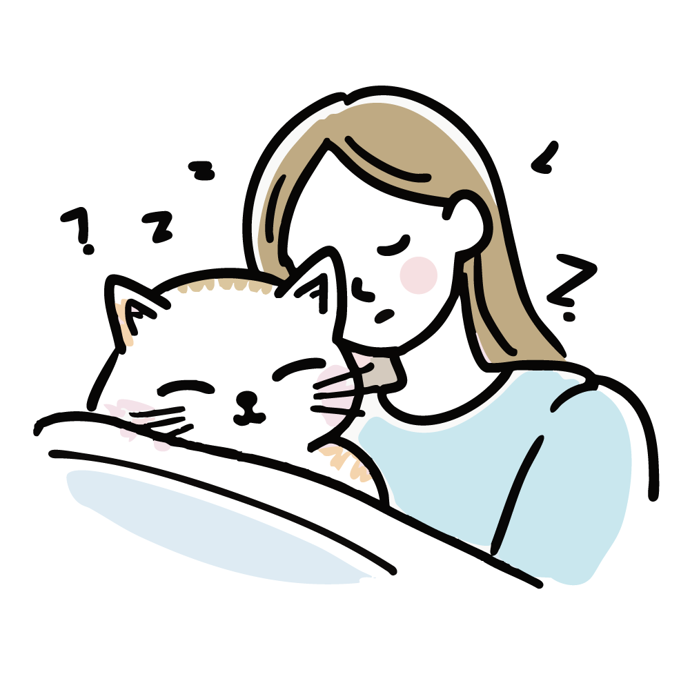 女性と猫が寄り添って眠っているイラスト
