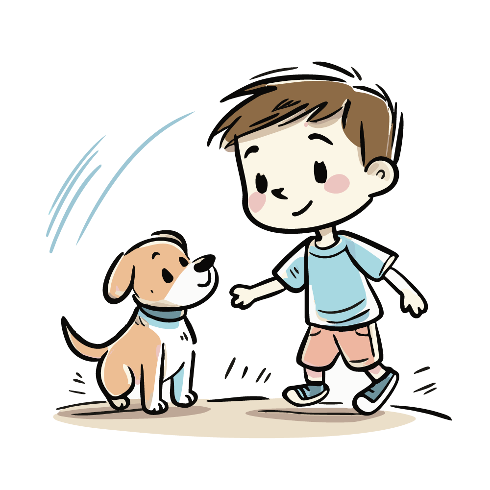 笑顔で犬と遊ぶ男の子のイラスト