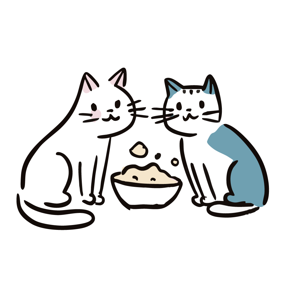 ご飯を前に向き合う2匹の猫のイラスト