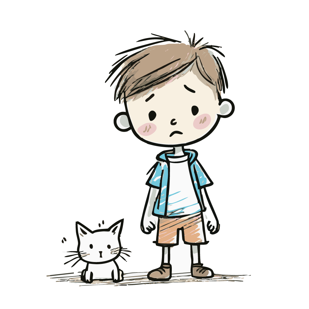 体調が悪そうな猫と心配そうに見る男の子のイラスト