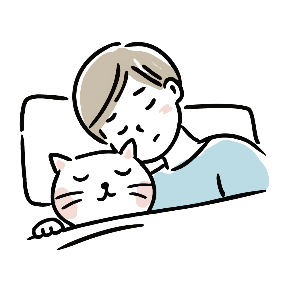 男性と猫が寄り添って眠っているイラスト