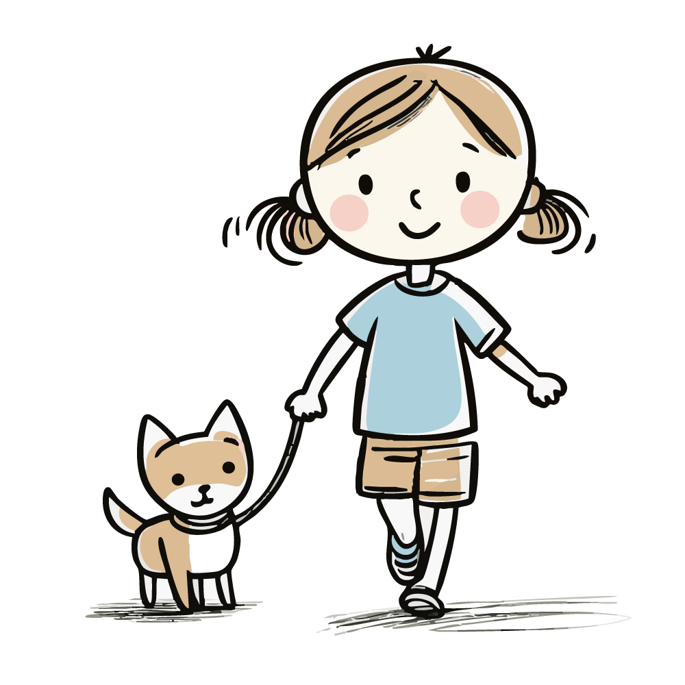 犬と散歩する女の子のイラスト