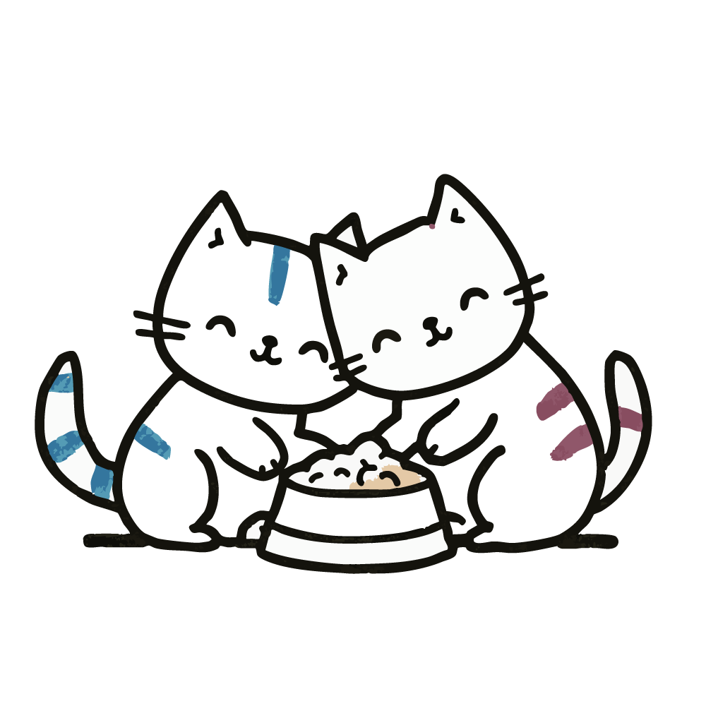 ご飯を前に向き合う2匹の猫のイラスト