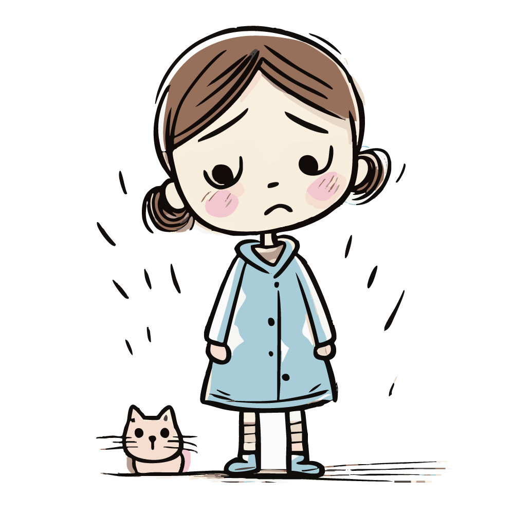 体調が悪そうな猫と心配そうに見る女の子のイラスト