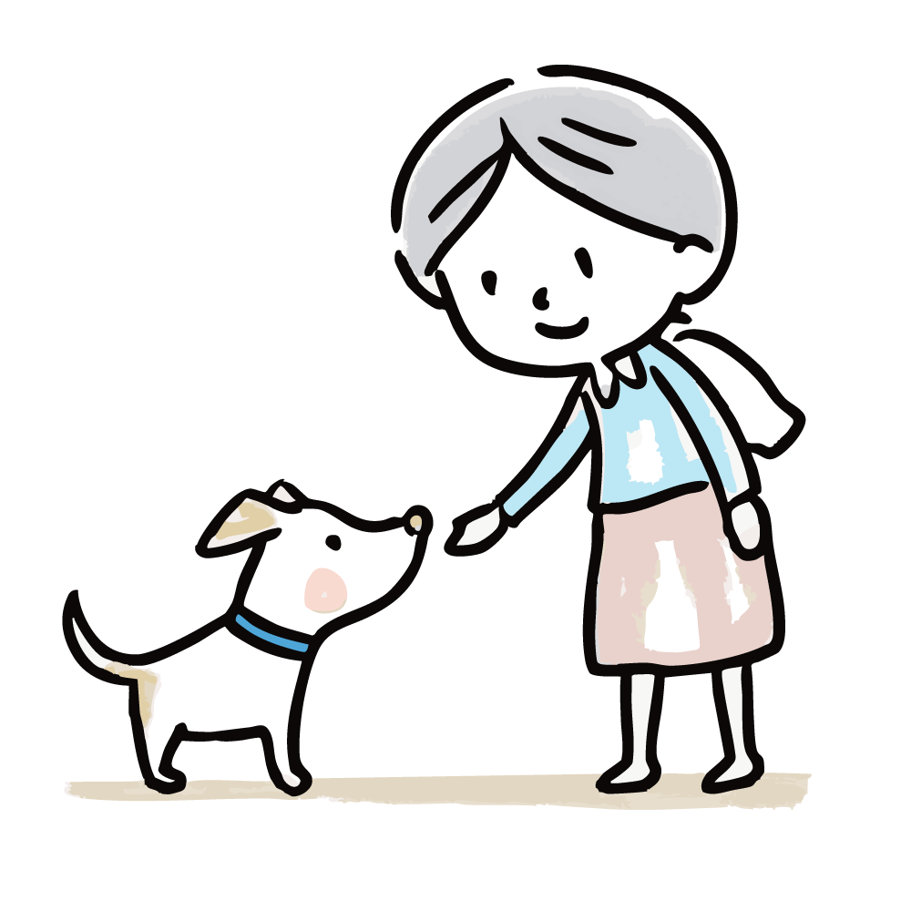 犬に手を差し伸べるシニア女性のイラスト