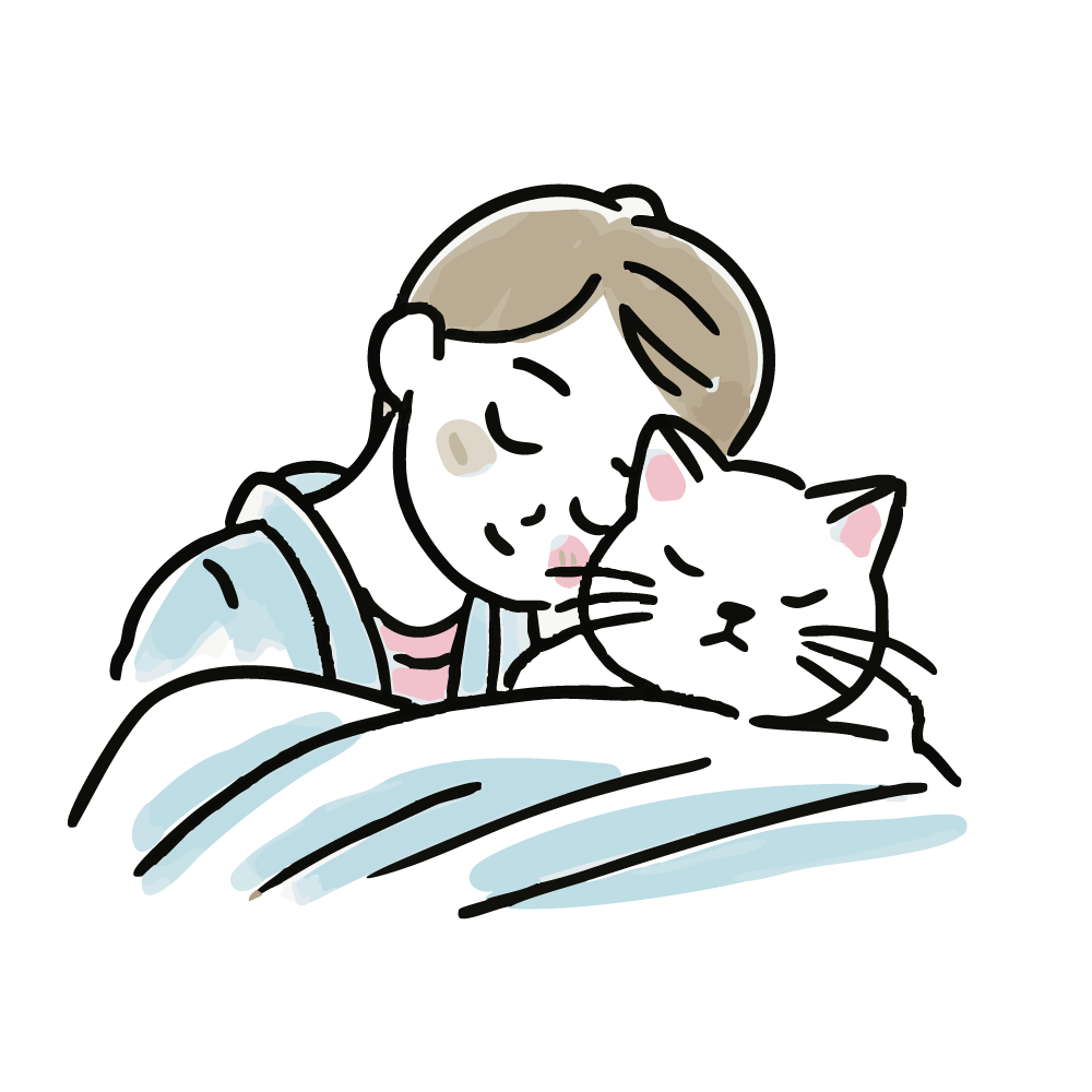 男性と猫が寄り添って眠っているイラスト