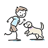 ボールを持って犬と遊ぶ男の子のイラスト
