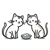 ご飯を前に向き合う2匹の猫のイラスト