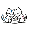 ご飯を前に向き合う2匹の猫のイラスト