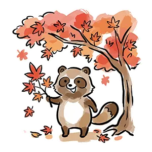 鮮やかな紅葉の木の下でモミジの枝を持って微笑むタヌキの秋のフリーイラスト