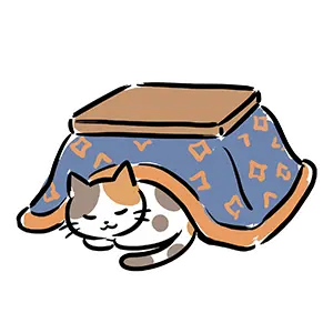 和室のこたつ布団の下で丸まって気持ちよさそうに眠る三毛猫のフリーイラスト