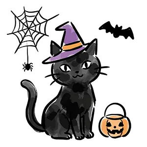 魔女の帽子をかぶりカボチャのバケツとクモの巣に囲まれた黒猫のハロウィンフリー素材