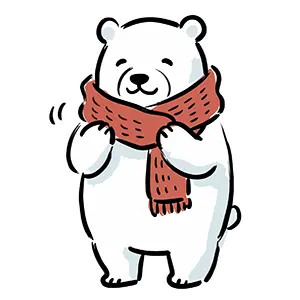 赤い毛糸のマフラーを巻いて暖をとる笑顔のシロクマの冬の無料素材
