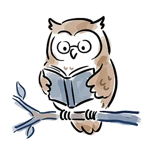 眼鏡をかけて木の枝に座り本を広げて読書するフクロウのフリー素材