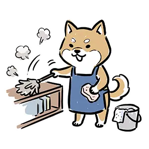 エプロンを着けて雑巾とはたきで家具を掃除する柴犬の年末大掃除無料イラスト