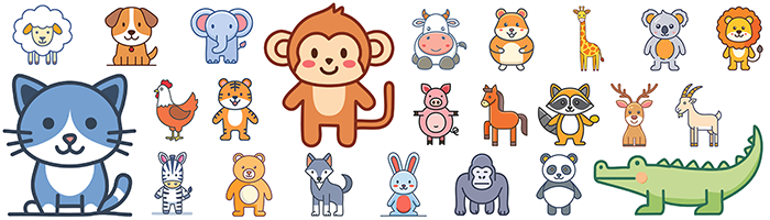 猫、サル、ライオン、ゾウ、ウサギなどのかわいい動物キャラクターの無料フリーイラスト素材