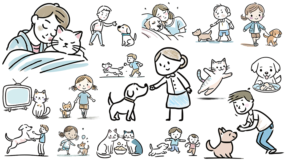 犬と猫を抱きしめる人々のイラスト/子供と犬が散歩するイラスト/仲良く眠る犬と人のイラスト