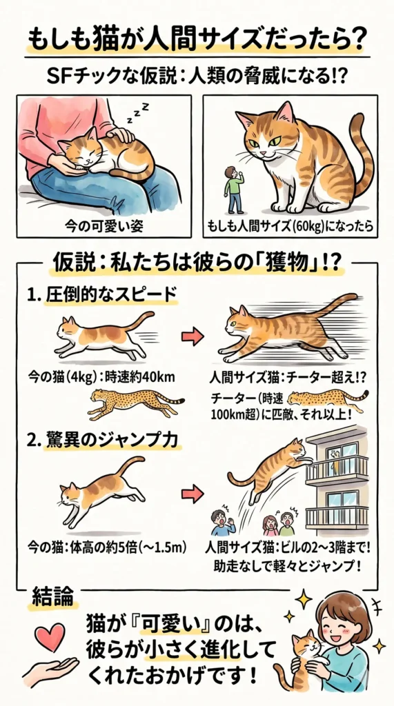 もしも猫が人間サイズ（60kg）だったら、人類の脅威になるという仮説のインフォグラフィック。今の可愛い姿と人間サイズになった場合の比較図から始まり、スピードがチーター超え（時速100km超）、ジャンプ力がビルの2〜3階まで可能になるという具体的な数値を提示。結論として、猫が「可愛い」のは、彼らが小さく進化してくれたおかげであると説明。