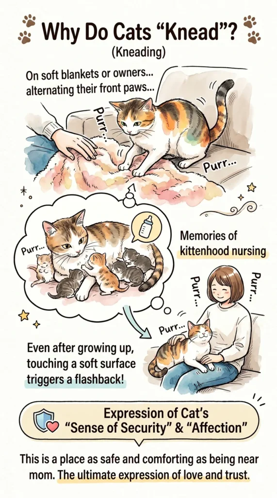 An infographic explaining why cats "knead." It illustrates how touching soft textures triggers a flashback to nursing as a kitten, with visuals of an adult cat kneading with thoughts of a nursing mother cat, and purring on a human's lap. It concludes that kneading is an expression of "a sense of security," "affection," and the highest level of "trust."