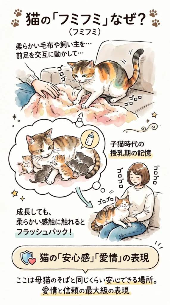 猫が「フミフミ」する理由についてのインフォグラフィック。柔らかい感触に触れると子猫時代の授乳期の記憶がフラッシュバックするという仕組みを、 adult cat kneading with thoughts of a mother cat nursing, and purring on a human's lap, illustrating.結論として、フミフミは「安心感」「愛情」「信頼」の最大級の表現であると説明。