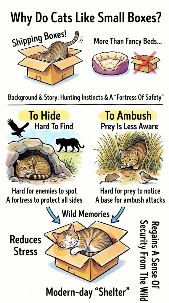 An infographic explaining "Why Cats Like Small Boxes." It shows cats preferring cardboard boxes over luxury beds and gives the wild ancestry reasons: hunting instincts to hide (safety from predators) and ambush (prey is less aware). It concludes that modern cats use boxes as a "shelter" from stress and a way to regain a wild sense of security.