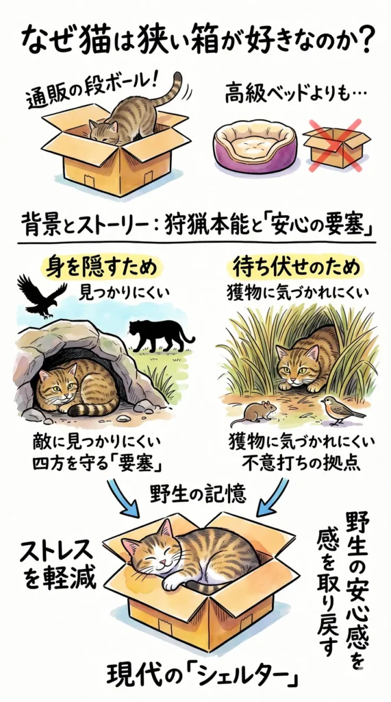 なぜ猫は狭い箱が好きなのか、という理由についてのインフォグラフィック。猫が高級ベッドより段ボール箱を好む行動から始まり、野生時代の狩猟本能（身を隠すため、待ち伏せのため）という背景を説明。現代の猫にとっても、箱は野生の記憶からストレスを軽減し、安心感を取り戻す「シェルター」であると結論。