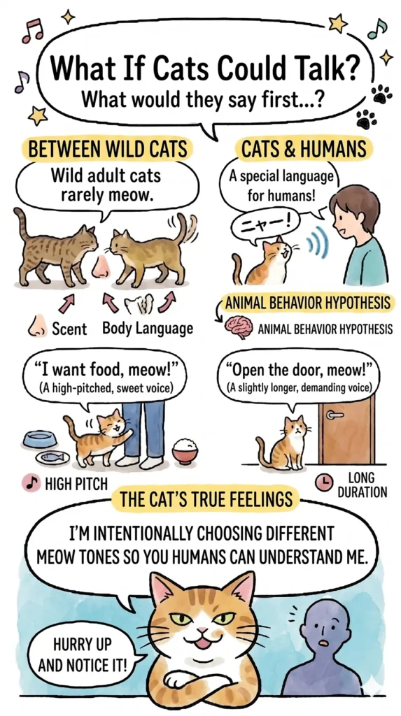 An infographic about cat communication. It starts with the question, "What if cats could talk? What would they say first...?" It compares wild cats, which use scent and body language, to domestic cats, which a behavioral hypothesis suggests use a special vocal language for humans (e.g., specific tones to request "food" or a "door"). It concludes with a cat's thought: "Hurry up and realize I'm intentionally choosing tones so humans can understand."