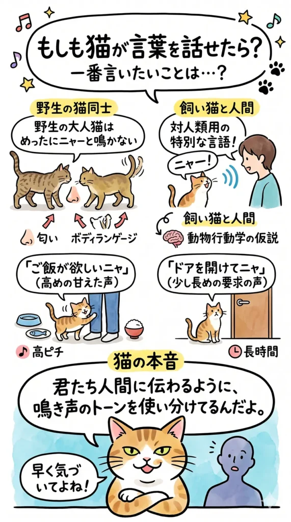 猫のコミュニケーションに関するインフォグラフィック。「もしも猫が言葉を話せたら？一番言いたいことは…？」という問いから始まり、野生の猫は匂いやボディランゲージを使うのに対し、飼い猫は人間用に特別な鳴き声のトーン（例：「ご飯」や「ドア」の要求）を使い分けているという動物行動学の仮説を紹介。最後に「人間が気づくようにトーンを使い分けている」という猫の本音で締めくくる。