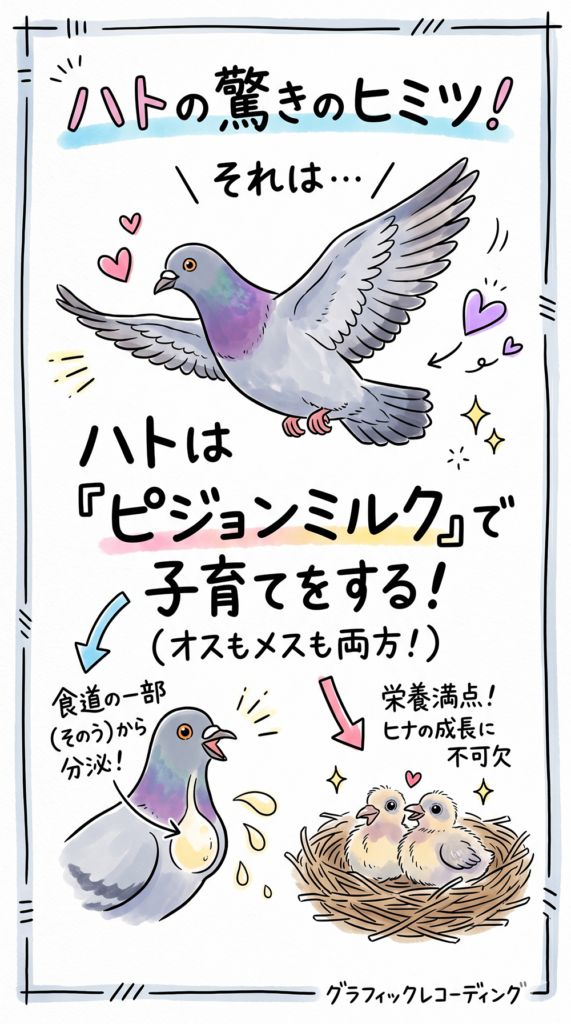 鳥類のハトがオス・メス共に分泌する「ピジョンミルク（ハトミルク）」による子育てを解説するグラフィックレコーディング。そのうでミルクが作られる仕組みとヒナへの口移しの様子を描く雑学。
