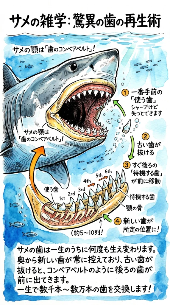 サメの顎は「歯のコンベアベルト」？驚きの再生術をイラスト解説