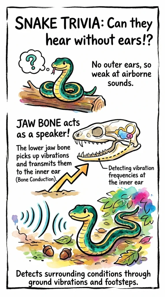 A hand-drawn, Japanese-style illustration in English explaining how snakes hear through bone conduction. Top: a snake on a log, "No outer ears, so weak at airborne sounds." Middle: snake skull cross-section, "JAW BONE acts as a speaker! The lower jaw bone picks up vibrations and transmits them to the inner ear (Bone Conduction)." Bottom: a snake sensing ground vibrations, "Detects surrounding conditions through ground vibrations and footsteps."