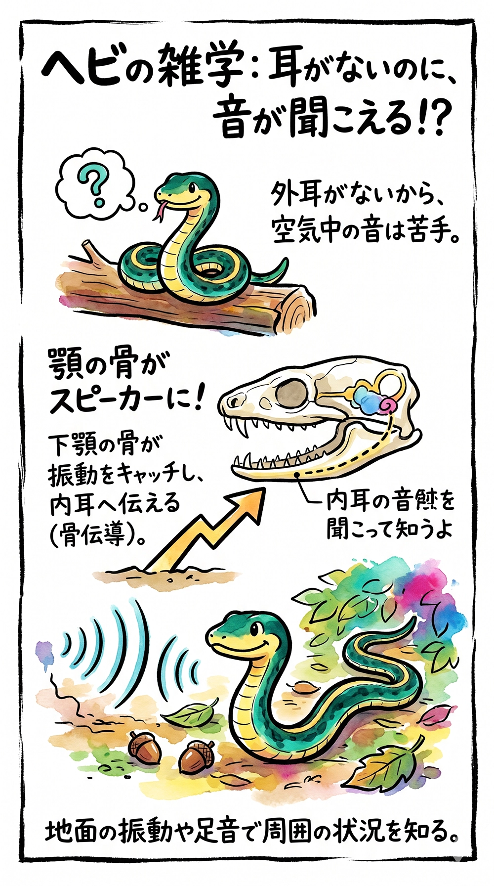 ヘビの不思議：耳がないのに音が聞こえる！？（骨伝導の仕組み）