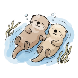 水面の上に並んで浮かびながら気持ちよさそうに眠る2匹のラッコの手書き風フリーイラスト