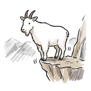 険しい岩場の崖の上に立つシロイワヤギの手書き風イラスト