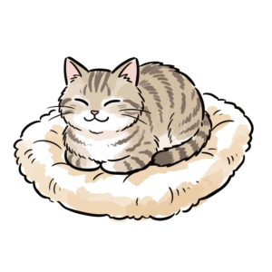 ふかふかのクッションの上で心地よさそうに丸くなる猫の手描き風イラスト