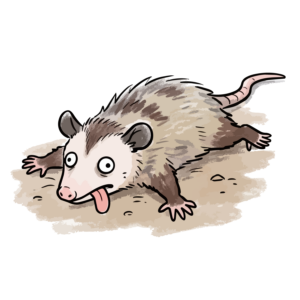 舌を出してユーモラスに死んだふりをするオポッサムの手書き風イラスト