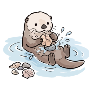 水に浮かびお腹の石で貝を割っている可愛いラッコの手描き風イラスト